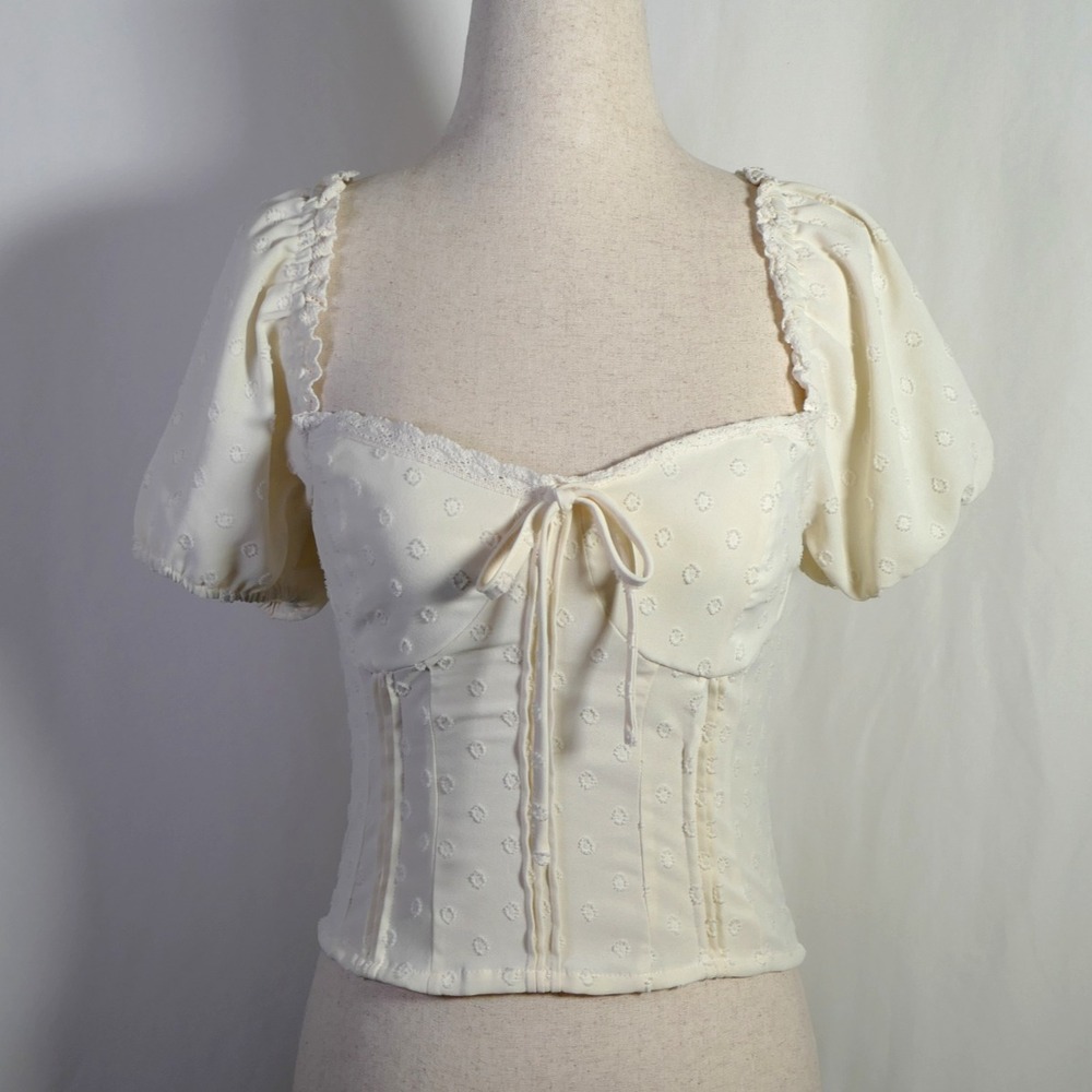 Forever 21 Womens Coquette Milkmaid Corset Top Size S Bow Puff Sleeve Smocked